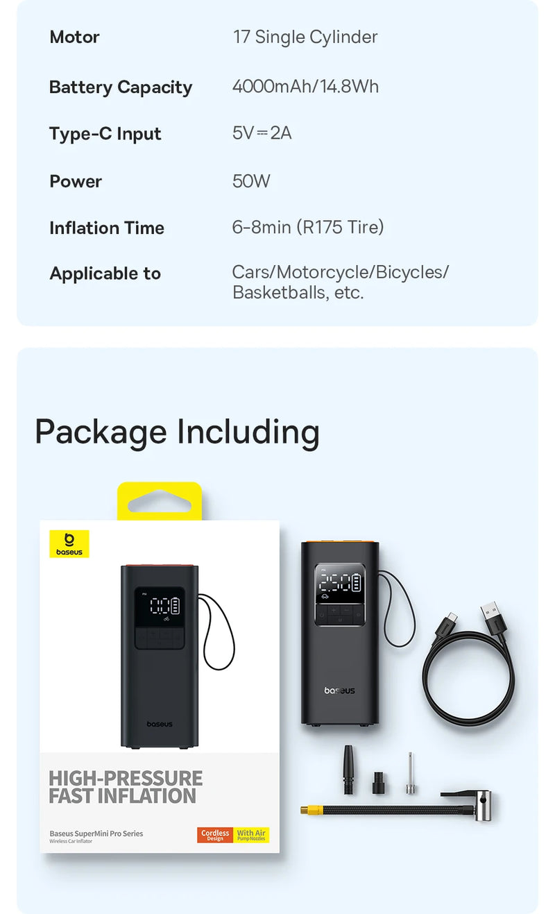 Baseus bomba de ar sem fio para carro, compressor de ar portátil para carro, motocicletas, bicicleta, inflador de pneus elétrico com display digital LCD