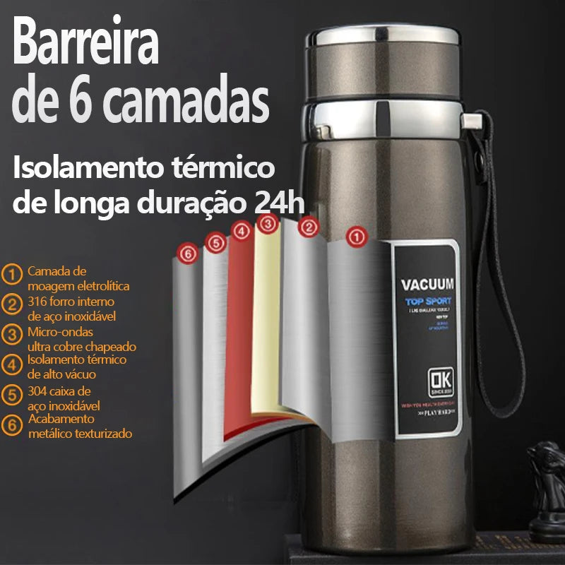 Garrafa térmica isolada, Isolamento duplo a vácuo, Super resistente, Ideal para bebidas quentes e frias, 1000ml