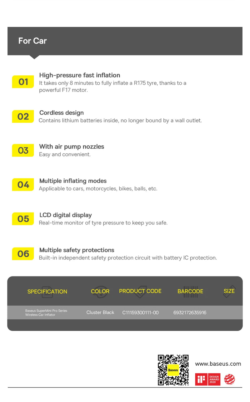 Baseus bomba de ar sem fio para carro, compressor de ar portátil para carro, motocicletas, bicicleta, inflador de pneus elétrico com display digital LCD